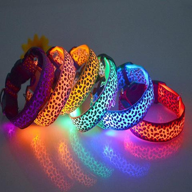 LED Safety Dog Collar – Adjustable Nylon Leopard Print Light-Up Pet Collar