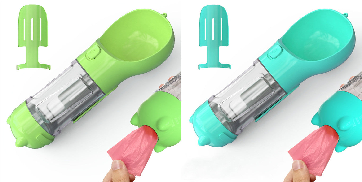 Portable Pet Water Bottle with Food Feeder & Waste Bag Storage (Travel-Friendly Design)