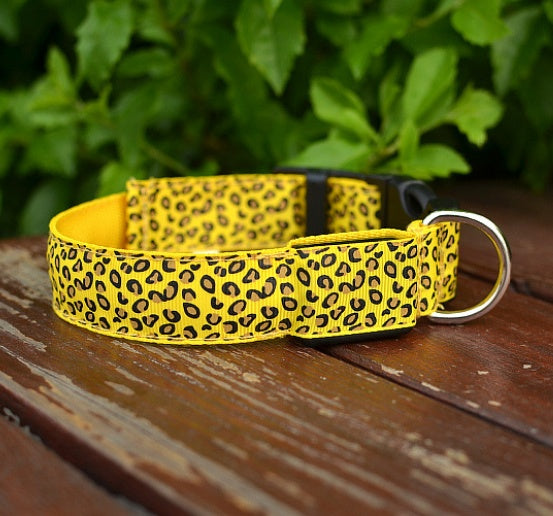 LED Safety Dog Collar – Adjustable Nylon Leopard Print Light-Up Pet Collar