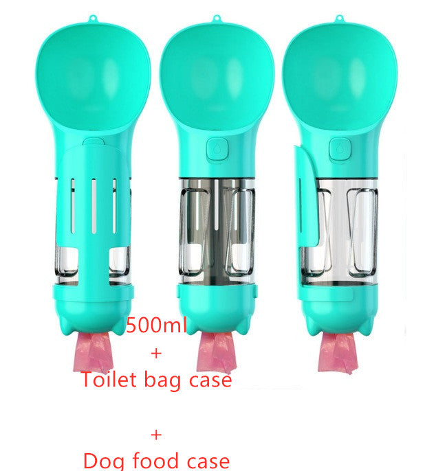 Portable Pet Water Bottle with Food Feeder & Waste Bag Storage (Travel-Friendly Design)