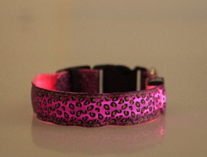 LED Safety Dog Collar – Adjustable Nylon Leopard Print Light-Up Pet Collar
