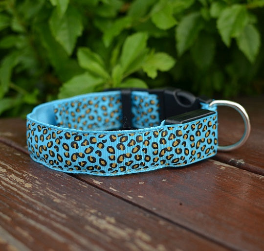 LED Safety Dog Collar – Adjustable Nylon Leopard Print Light-Up Pet Collar