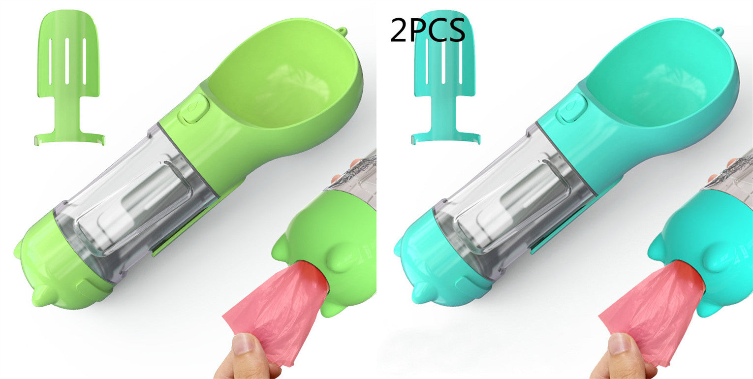 Portable Pet Water Bottle with Food Feeder & Waste Bag Storage (Travel-Friendly Design)