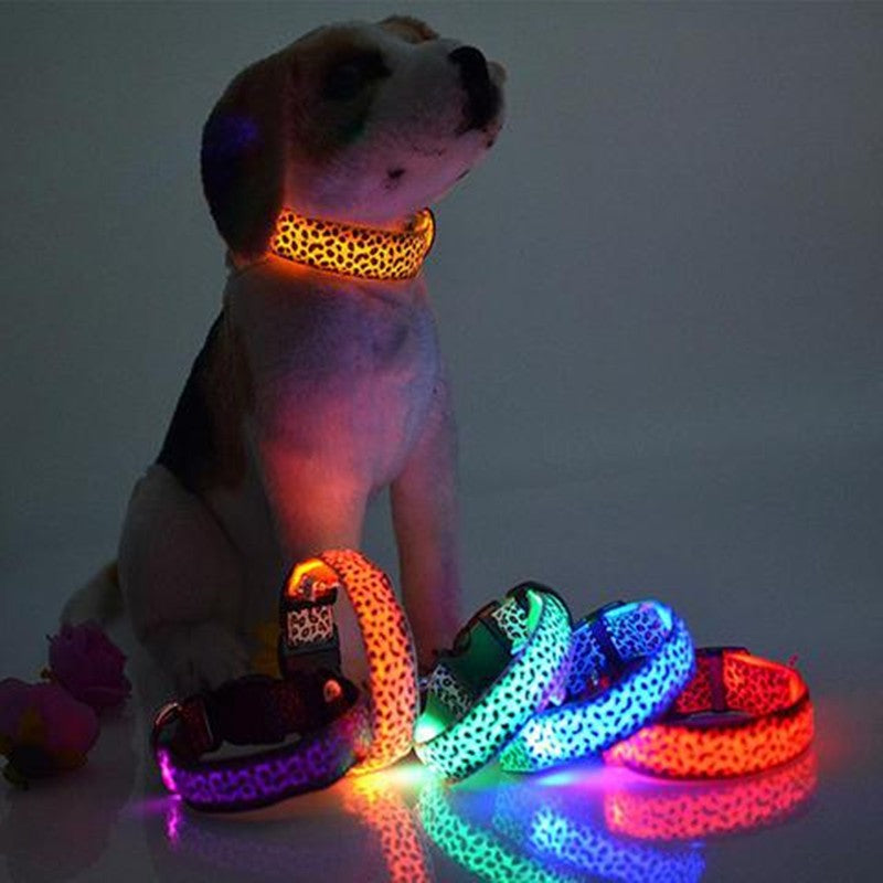 LED Safety Dog Collar – Adjustable Nylon Leopard Print Light-Up Pet Collar