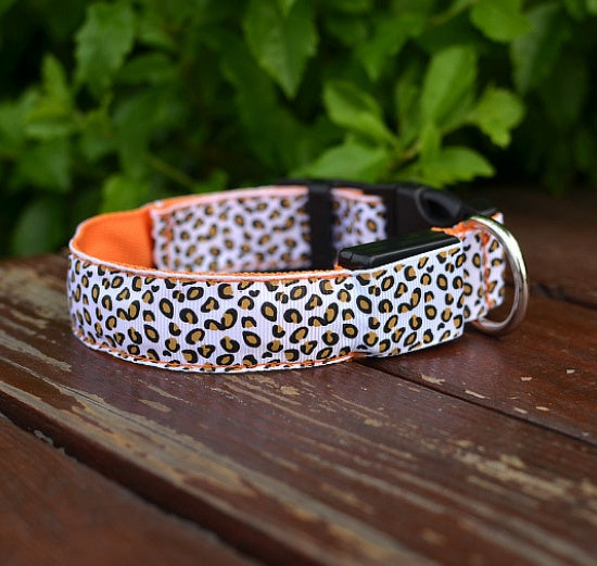 LED Safety Dog Collar – Adjustable Nylon Leopard Print Light-Up Pet Collar