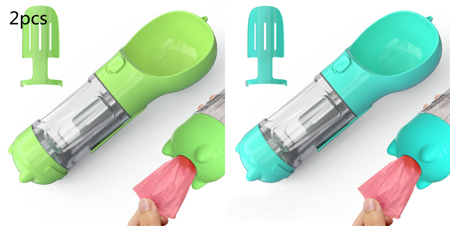 Portable Pet Water Bottle with Food Feeder & Waste Bag Storage (Travel-Friendly Design)