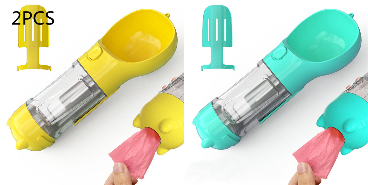Portable Pet Water Bottle with Food Feeder & Waste Bag Storage (Travel-Friendly Design)