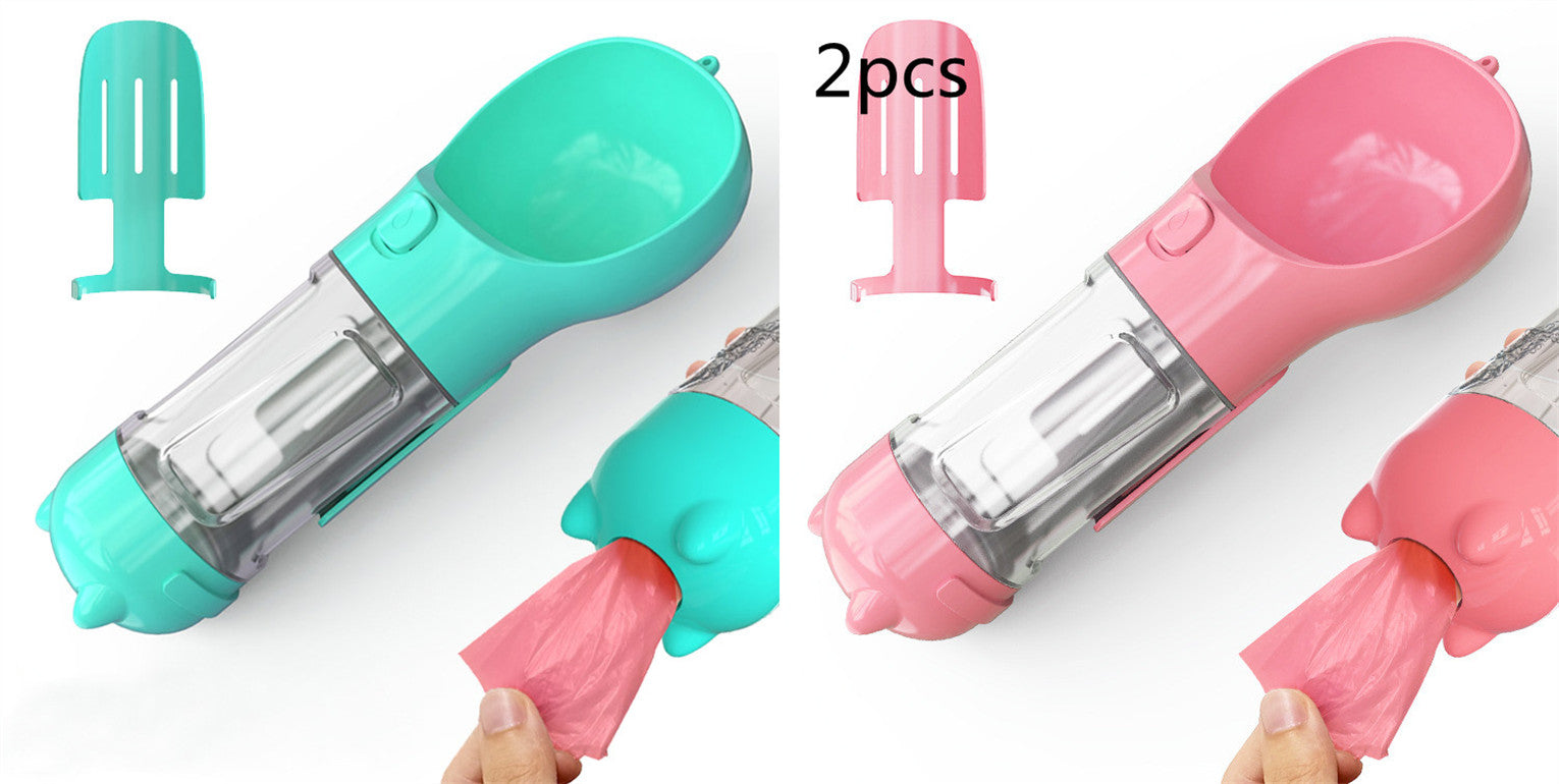 Portable Pet Water Bottle with Food Feeder & Waste Bag Storage (Travel-Friendly Design)
