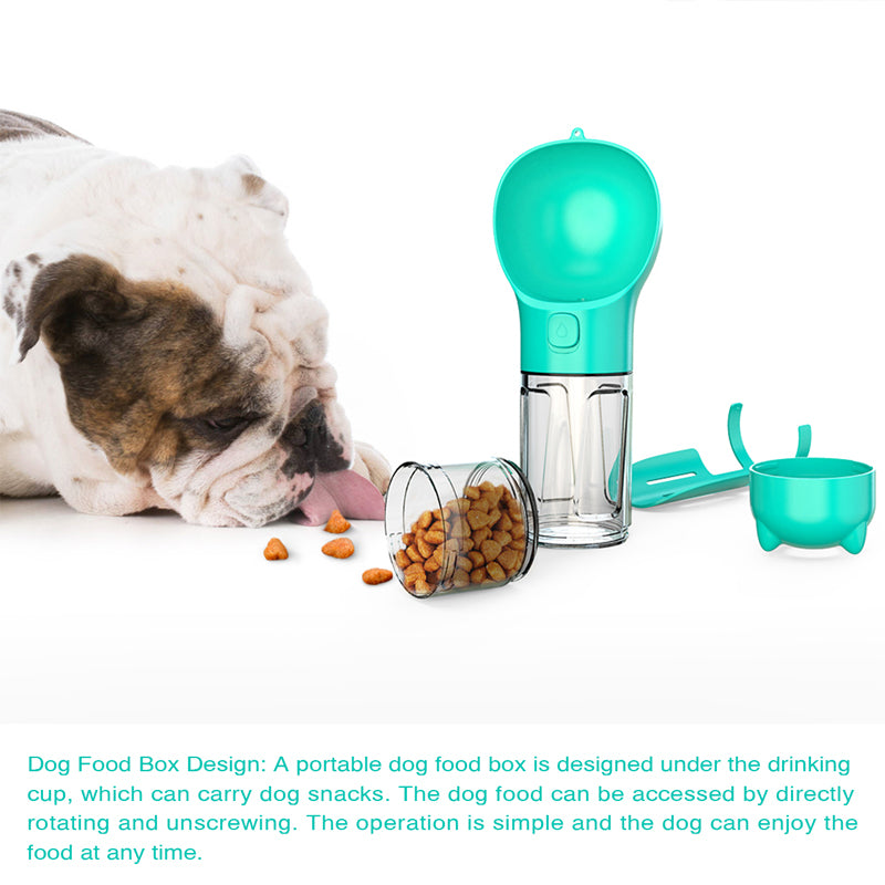 Portable Pet Water Bottle with Food Feeder & Waste Bag Storage (Travel-Friendly Design)