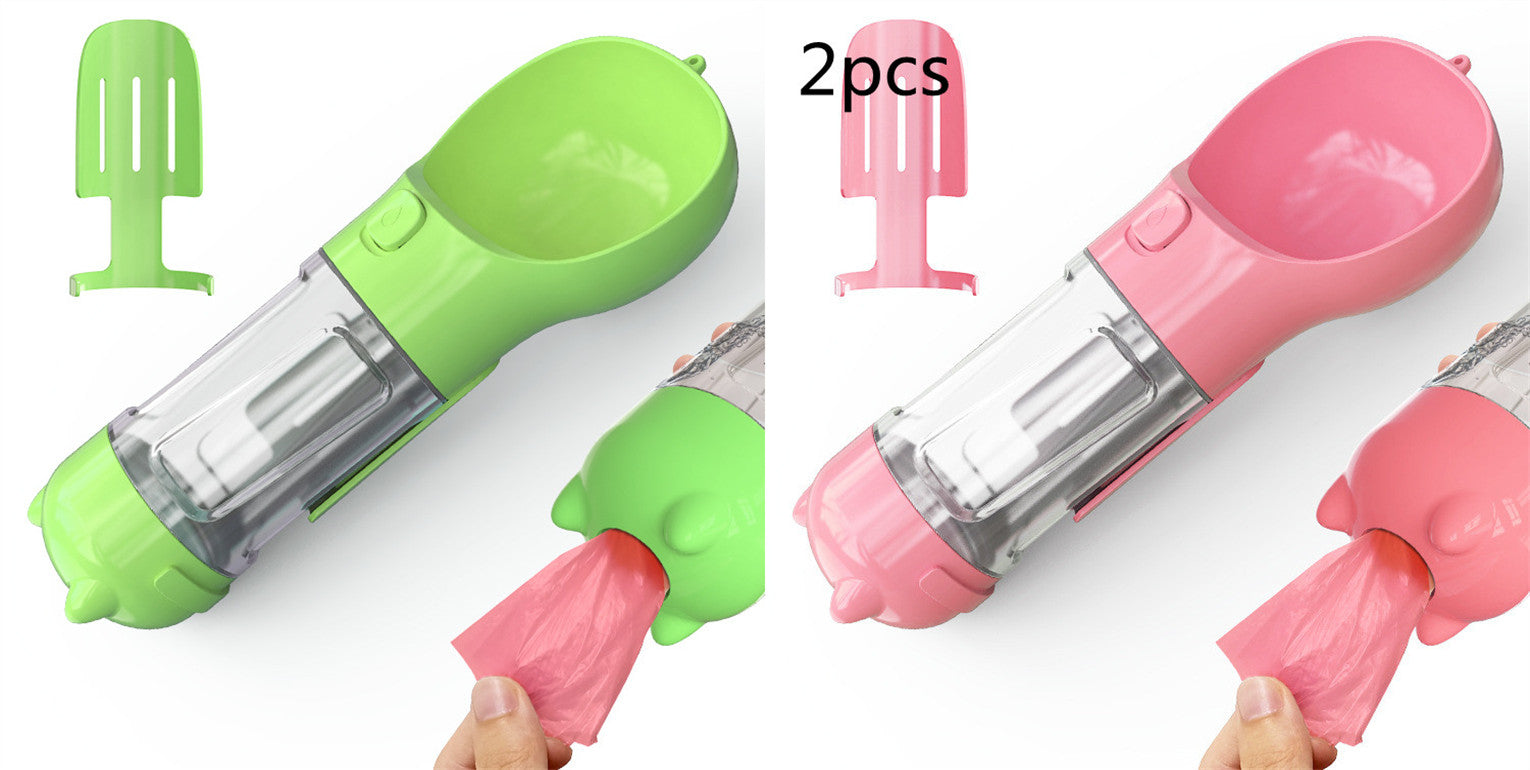 Portable Pet Water Bottle with Food Feeder & Waste Bag Storage (Travel-Friendly Design)