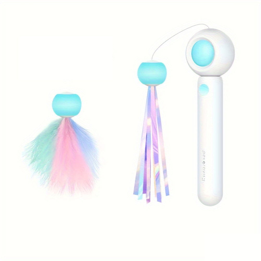 Retractable Cat Teaser Stick with Replaceable Feather Head
